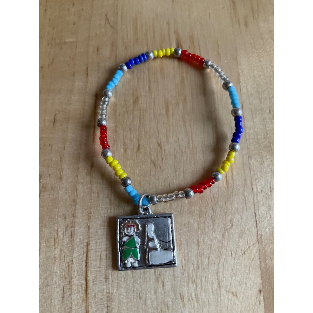 Multicolor Seed Bead Stretch Bracelet with Enameled Folk Art Figure Charm small